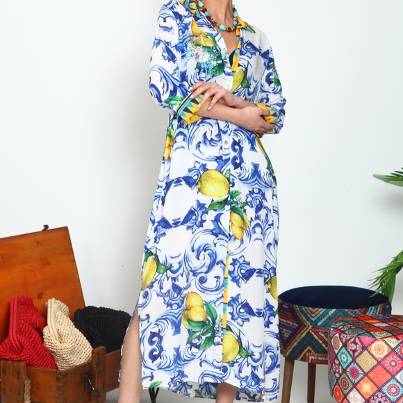 NWT Floral Lemon Pattern Viscose Button Down Silk Maxi Summer Dress Women - Picture 3 of 7